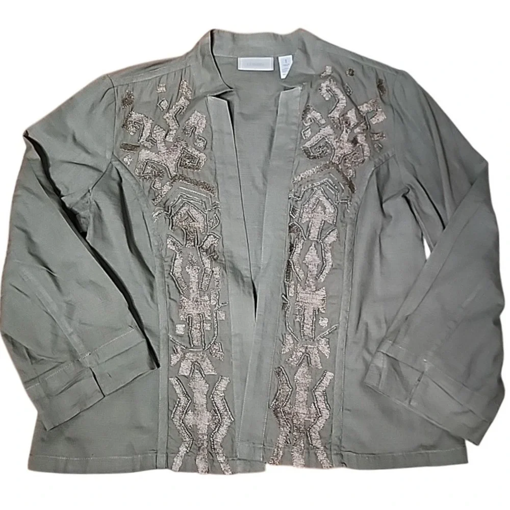 Chicos Jacket Beaded Embroidered Open Front Olive Green Boho‎ Cottage Size M